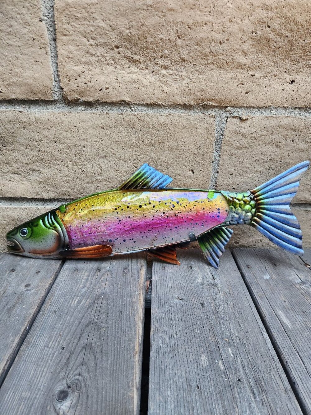 20" Rainbow Trout Metal Art Wall Sculpture in Metal and Glass